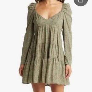 Fourteenth Place Women Mini Dress 1X Long Sleeve Tiered Green Floral Puff Sleeve